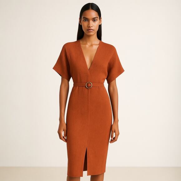 NEW ASOS Brown V-neck Short Sleeve Belted Knee Length Midi Pencil Sheath Dress 0 - Picture 1 of 6